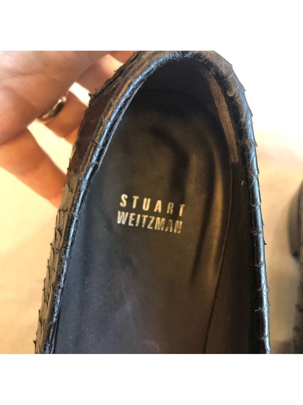 STUART Weitzman 10 N black reptile texture leather loafers with decorative ring - Picture 11 of 11